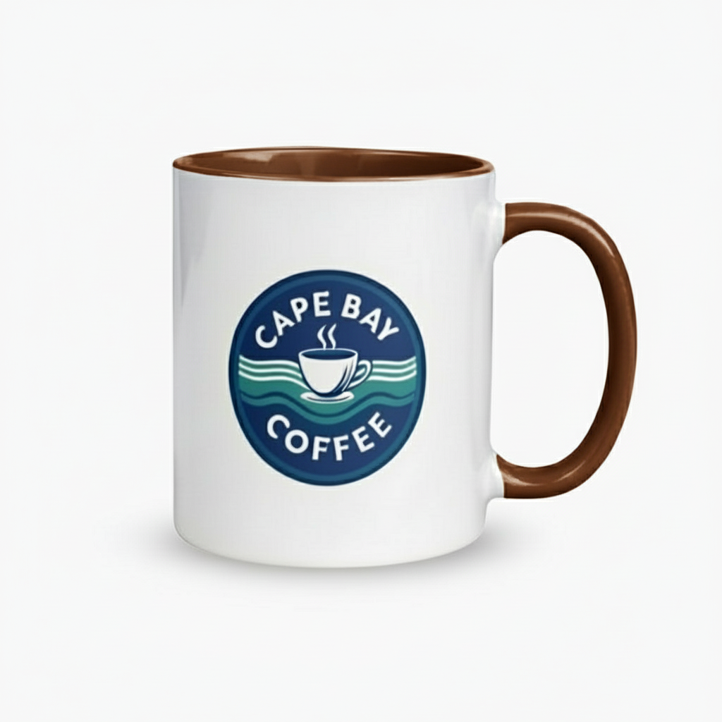 Cape Bay Coffee mug with brown handle on a white background